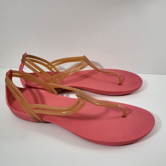 CROCS Isabella Sandals Womens 11 Jelly T-Strap Pink Coral Orange Sexi Thong - Picture 1 of 8